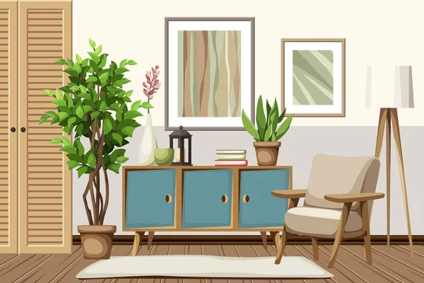 Wohnzimmereinrichtung Mit Einem Sessel Einer Blauen Kommode Einem Jalousie Schrank — Stockvektor