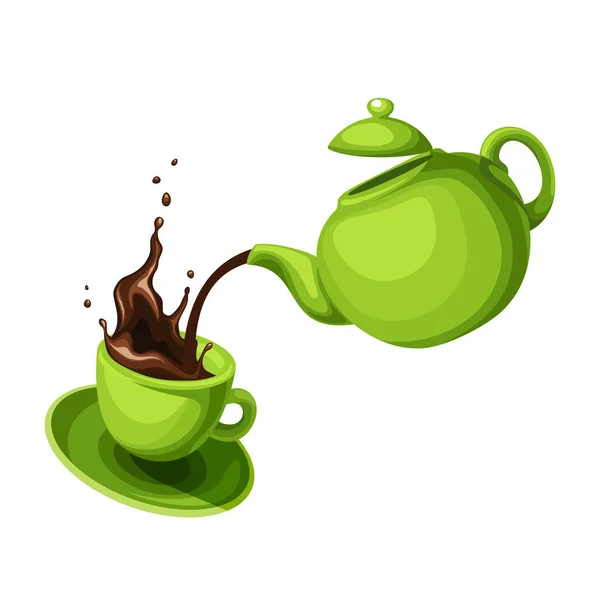 Bule Uma Xícara Chá Bule Verde Derramando Chá Uma Xícara — Vetor de Stock