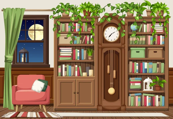 Kitaplıklar Büyükbaba Saati Bir Koltuk Bir Pencere Bir Sürü Kitap — Stok Vektör