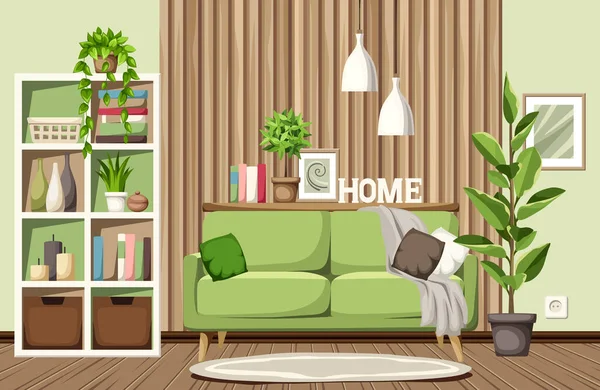 Living Room Interior Green Sofa Shelving Wooden Slats White Lamps — Stock Vector