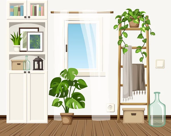 白い本棚 はしご 観葉植物と居心地の良い北欧の部屋のインテリアデザイン 漫画ベクトルイラスト — ストックベクタ