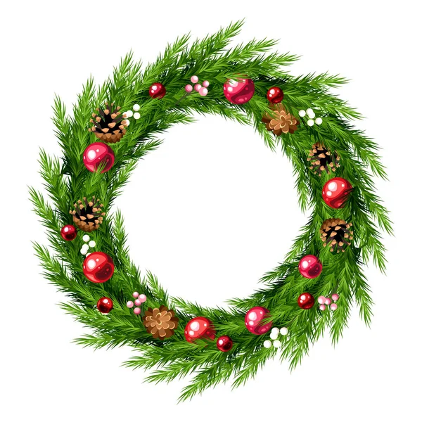 Vánoční Věnec Zelenými Jedlovými Větvemi Červenými Vánočními Míčky Šiškami Pozdrav — Stockový vektor