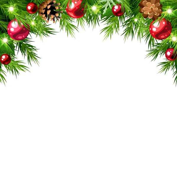 圣诞背景框架与绿色冷杉树枝 红色球 松果和圣诞灯火 节日问候背景 问候卡或邀请卡的设计 矢量说明 — 图库矢量图片