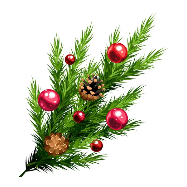 Christmas Fir Branch Red Christmas Balls Pine Cones Isolated White — Stock Vector