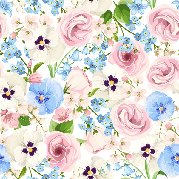 Zökkenőmentes Minta Rózsaszín Fehér Kék Árvácska Virágokkal Liziantusz Virágokkal Harangvirágokkal — Stock Vector