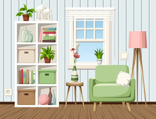 Cozy Living Room Interior Blue Walls Armchair Shelving Window Floor — Stock Vector