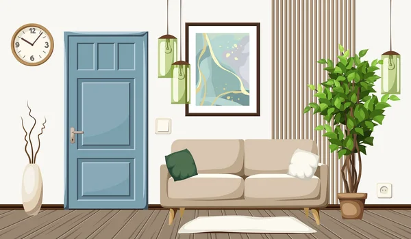 Moderní Interiér Pokoje Pohovkou Abstraktní Malbou Modrými Dveřmi Velkým Fíkusovým — Stockový vektor