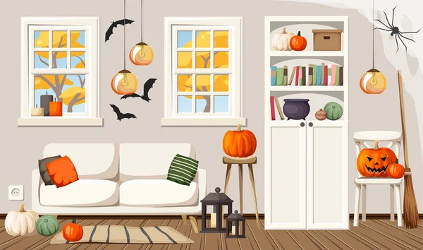 Obývací Pokoj Zdobený Halloween Moderní Halloween Interiér Vektorová Kreslená Ilustrace — Stockový vektor