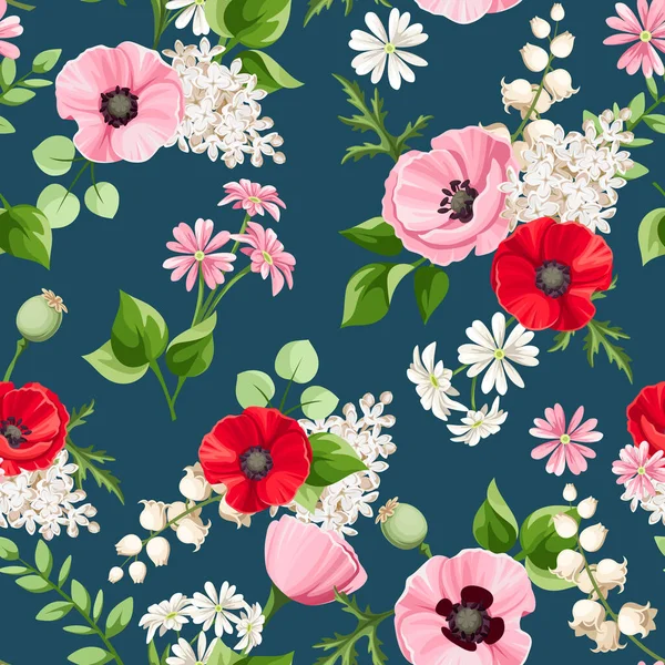 Seamless Floral Pattern Red Pink White Poppy Lilac Lily Valley — Stock Vector