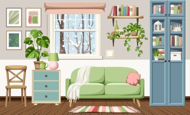 Kışlık sıcak oturma odası pencerenin dışında kar yağışı var. Yeşil bir kanepesi, mavi bir kitaplığı, şifoniyeri ve çiçekleri olan modern bir iç tasarım. Çizgi film vektör illüstrasyonu