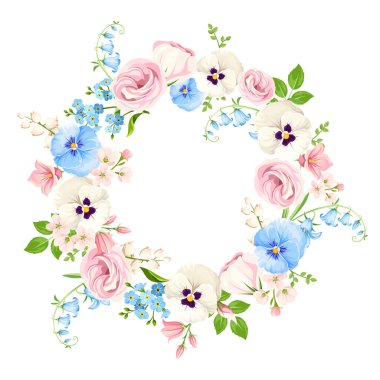 Pembe, beyaz ve mavi lisianthus çiçekli çiçek çelengi, nonoş çiçekleri, çan çiçekleri ve unutma beni çiçekleri. Çiçek dairesi çerçevesi. Vektör illüstrasyonu