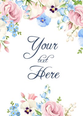 Greeting or invitation card design with pink, white, and blue pansy flowers, lisianthus flowers, harebells, lily of the valley, and forget-me-not flowers. Vector floral background clipart