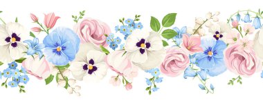 Pembe, beyaz ve mavi lisianthus çiçekleri, nonoş çiçekleri, çan çiçekleri ve unutma beni çiçekleri ile yatay olmayan sınır. Vektör çiçek çelengi