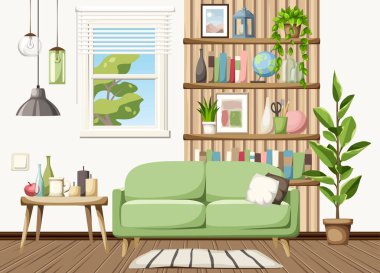 Oturma odasının içinde yeşil bir kanepe, raflı ahşap levhalar, bir pencere, kolye ışığı ve ev bitkileri var. Konforlu oda iç tasarımı. Çizgi film vektör illüstrasyonu