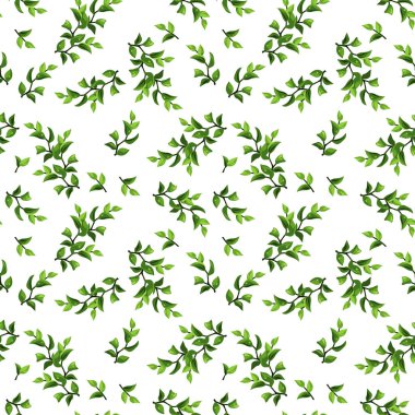 Beyaz arka planda küçük yeşil yaprakları olan kusursuz çiçek desenleri. Vektör çiçek izi