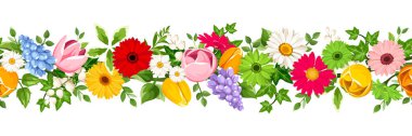 Renkli bahar çiçekleri (gerbera, lale, papatya, sümbül ve çiçekli zambak) ve yeşil yapraklarla yatay olmayan sınır. Çiçek çelengi. Vektör illüstrasyonu