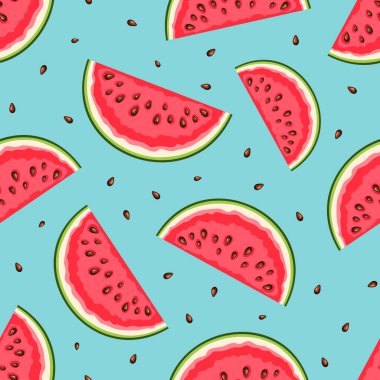 Seamless pattern with watermelon slices on a blue background. Vector summer seamless background clipart