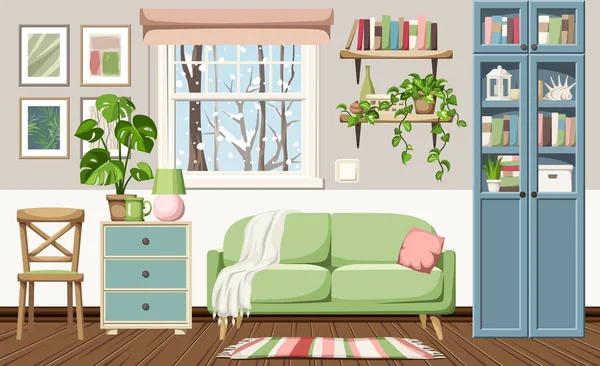 舒适的冬季客厅室内 窗外下着降雪 现代室内设计 有绿色沙发 蓝色书柜 梳妆台和室内植物 卡通矢量图解 — 图库矢量图片