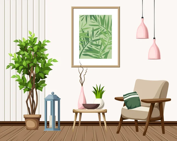Wohnzimmereinrichtung Mit Sofa Gemälde Holzlatten Rosa Pendelleuchte Und Einem Großen — Stockvektor