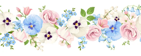 ピンク 青のリアンサスの花 パンジーの花 ブルーベル 忘れと水平シームレスな国境 私は花ではありません ベクトルフラワーガーランド — ストックベクタ