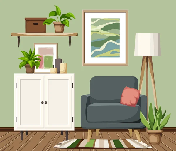 Wohnzimmereinrichtung Mit Grünen Wänden Weißem Schrank Sessel Stehlampe Und Zimmerpflanzen — Stockvektor