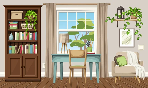 Zimmerausstattung Mit Bücherregal Schreibtisch Sessel Und Großem Fenster Gemütliches Homeoffice — Stockvektor