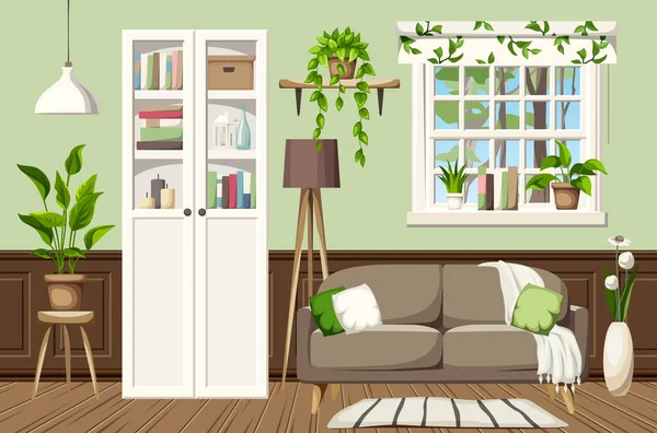 Wohnzimmereinrichtung Mit Sofa Weißem Bücherregal Fenster Und Zimmerpflanzen Gemütliche Raumgestaltung — Stockvektor