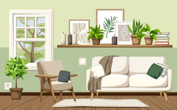 Oturma Odasının Içinde Bir Kanepe Bir Koltuk Dekorasyonu Bitkileri Pencerenin — Stok Vektör