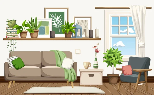 Living Room Interior Design Sofa Armchair Home Decor Houseplants Cozy — Stock Vector