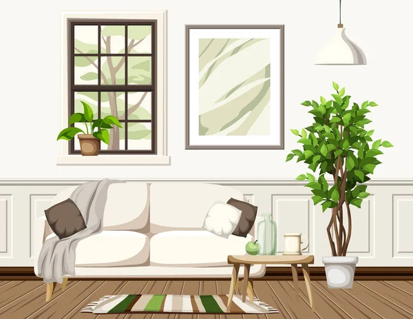 Scandinavian Room Interior Window White Sofa Big Ficus Tree Painting — Stock Vector