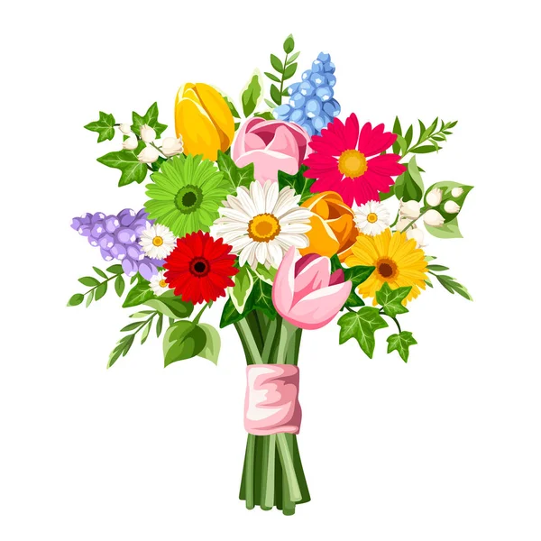 Μπουκέτο Πολύχρωμα Λουλούδια Τουλίπες Ζέρμπερες Υάκινθος Λουλούδια Και Κρίνος Της — Διανυσματικό Αρχείο