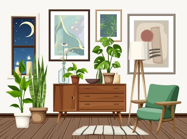 ドレッサー 緑のアームチェア 壁に描かれた絵画 そして多くの観葉植物を備えたBooリビングルームのインテリアデザイン 漫画ベクトルイラスト — ストックベクタ