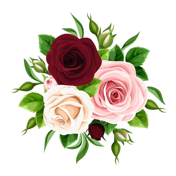 Rosas Ramo Flores Rosadas Borgoña Rosas Blancas Aisladas Sobre Fondo — Vector de stock