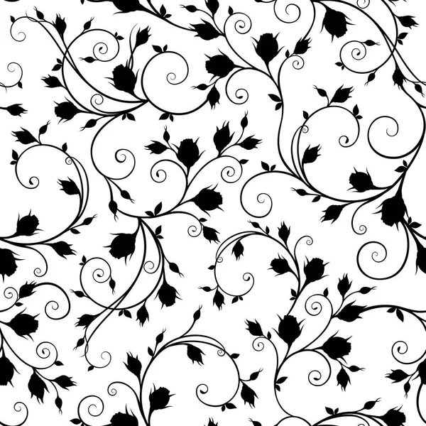 バラのブドウと花のシームレスなパターン 黒と白の花のプリント ベクターイラスト — ストックベクタ