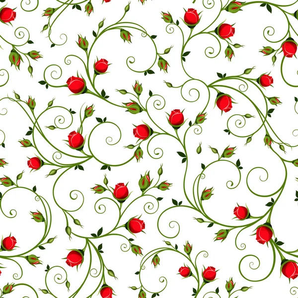 Květinový Bezešvý Vzor Červenými Růžovými Pupeny Bílém Pozadí Vektorová Ilustrace — Stockový vektor