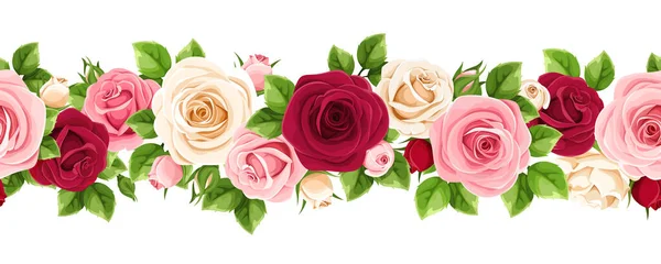 Цветочные Бесшовные Гирлянды Красными Розовыми Белыми Цветами Роз Зелеными Листьями — стоковый вектор