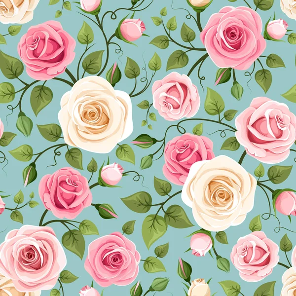 青磁を背景にピンクと白のバラの花々がシームレスに描かれています ベクターイラスト — ストックベクタ