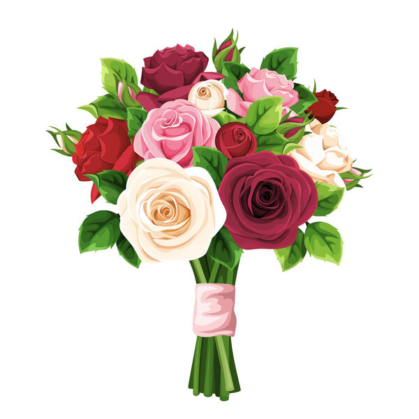 Bouquet of red, pink, burgundy, and white rose flowers isolated on a white background. Vector illustration