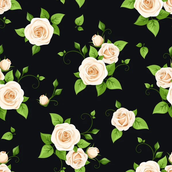 白いバラの花と黒い背景の緑の葉を持つ花のシームレスなパターン ベクターイラスト — ストックベクタ
