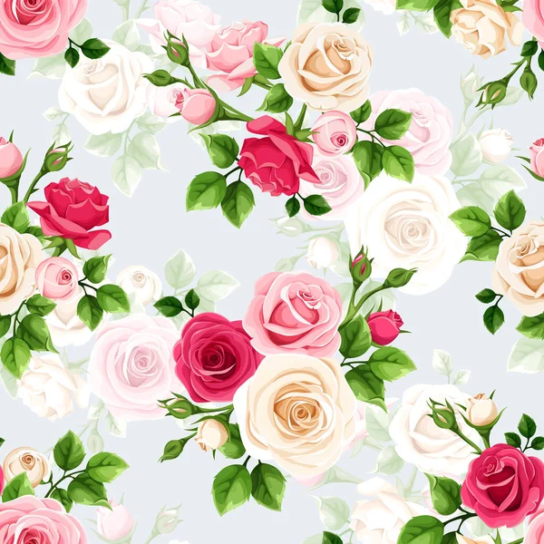 Naadloos Bloemenpatroon Met Rode Roze Witte Rozenbloemen Een Blauwe Achtergrond — Stockvector