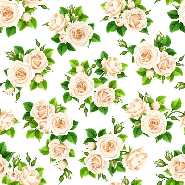 白いバラの花と緑の葉が白い背景に花のシームレスなパターン ベクターイラスト — ストックベクタ