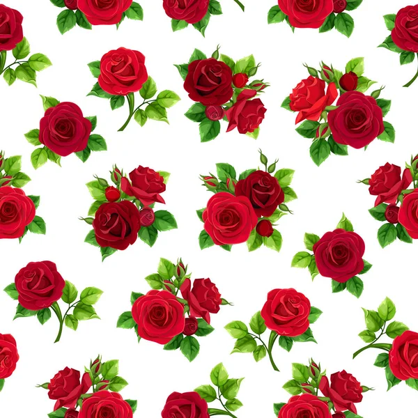 白い背景に赤いバラの花や緑の葉を持つ花のシームレスなパターン ベクターイラスト — ストックベクタ