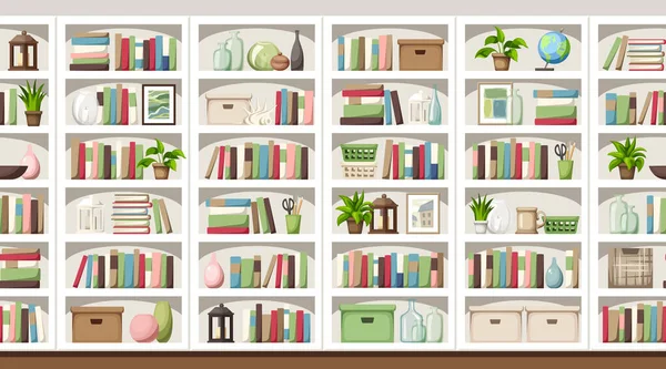Witte Boekenkasten Met Boeken Kamerplanten Decor Horizontale Naadloze Achtergrond Met — Stockvector