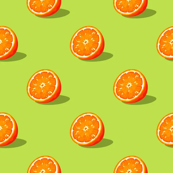 緑の背景にオレンジ色の果実の半分を持つシームレスなパターン ベクトルシームレスな背景 — ストックベクタ