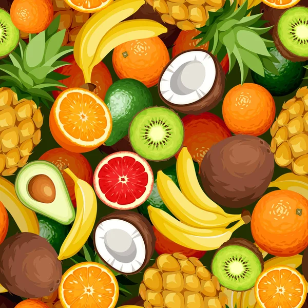 Sömlös Bakgrund Med Tropisk Frukt Avokado Banan Kokos Kiwi Apelsin — Stock vektor