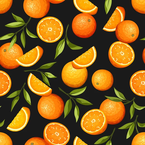 Sömlöst Mönster Med Apelsinfrukt Och Gröna Blad Svart Bakgrund Vektorillustration — Stock vektor