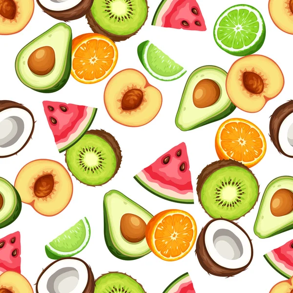 Motif Sans Couture Avec Divers Fruits Pêche Pastèque Orange Avocat — Image vectorielle