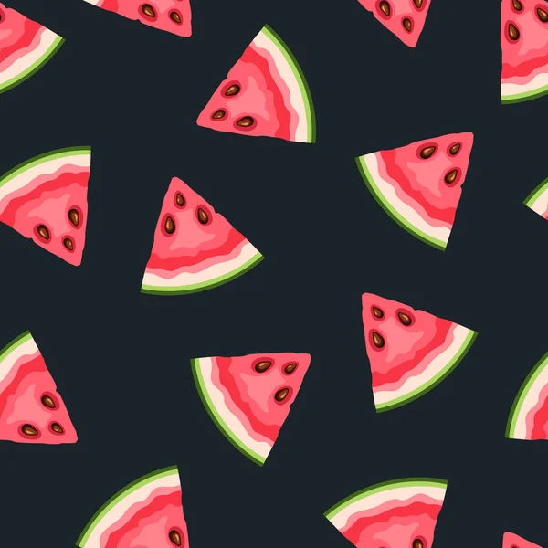 Sömlös Mönster Med Vattenmelon Frukt Skivor Svart Bakgrund Vektorillustration — Stock vektor