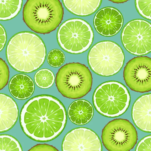 Kiwi Verde Fette Lime Sfondo Blu Modello Senza Soluzione Continuità — Vettoriale Stock
