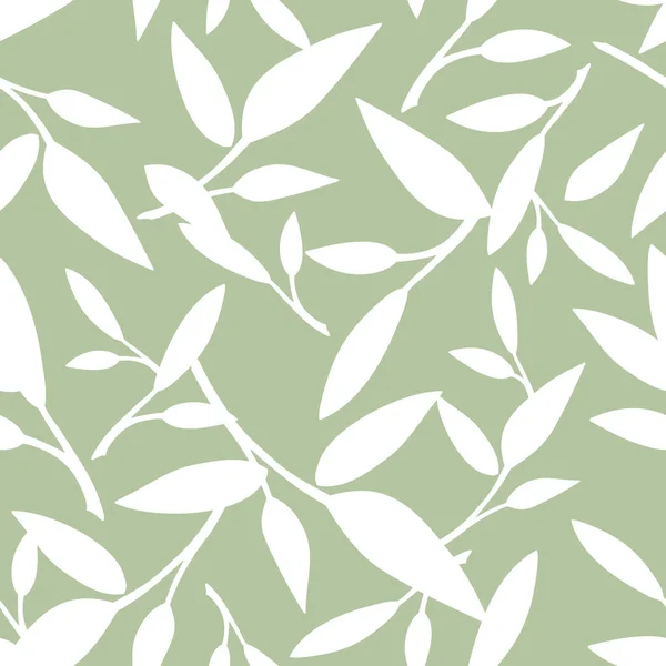 Floral Απρόσκοπτη Μοτίβο Φύλλα Λευκό Αφήνει Σιλουέτες Πράσινο Φόντο Διάνυσμα — Διανυσματικό Αρχείο